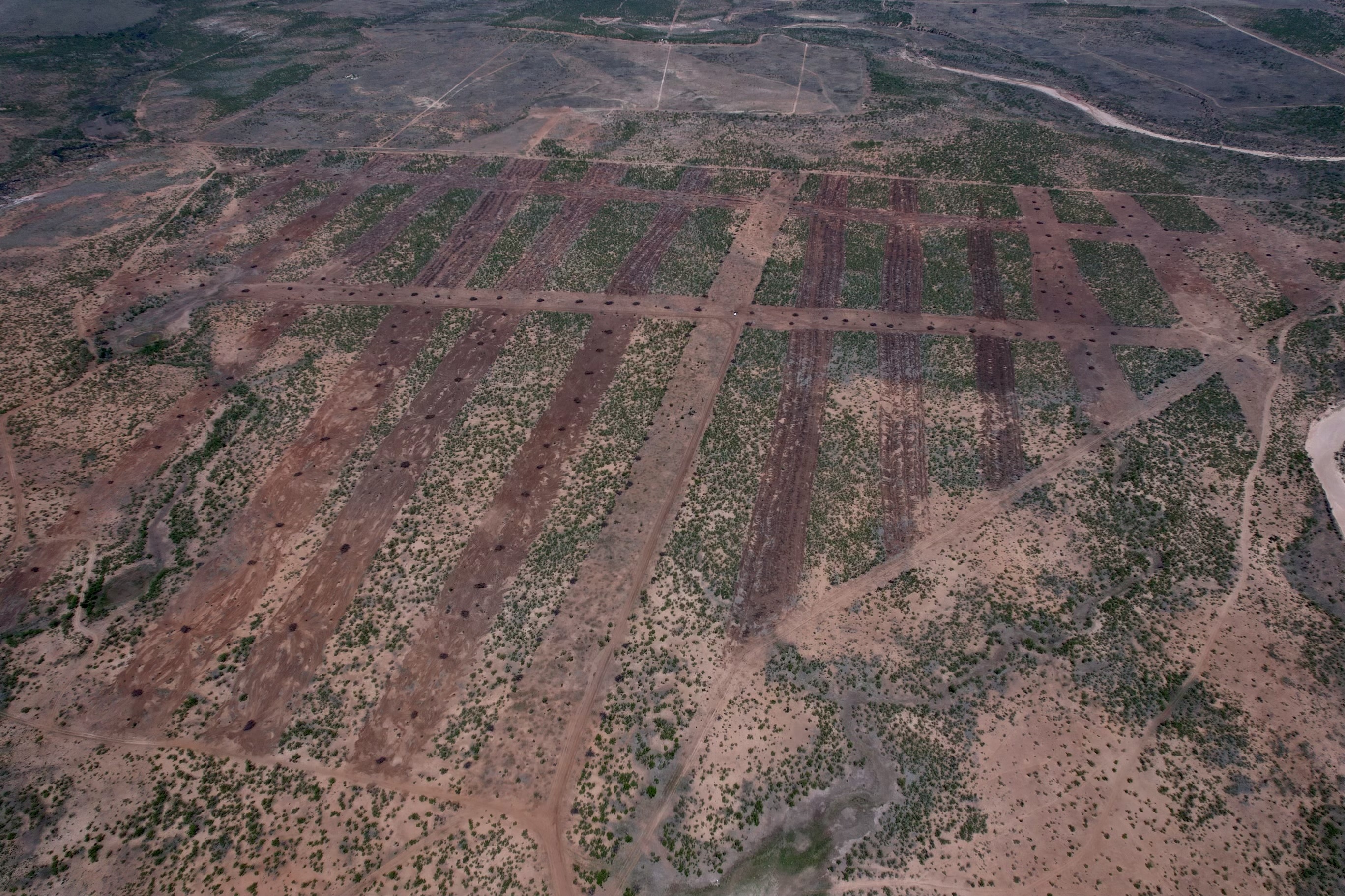 Aerial view of grid-pattern mesquite grubbing on an EQIP cost-shared private ranch in Garza County, Texas.